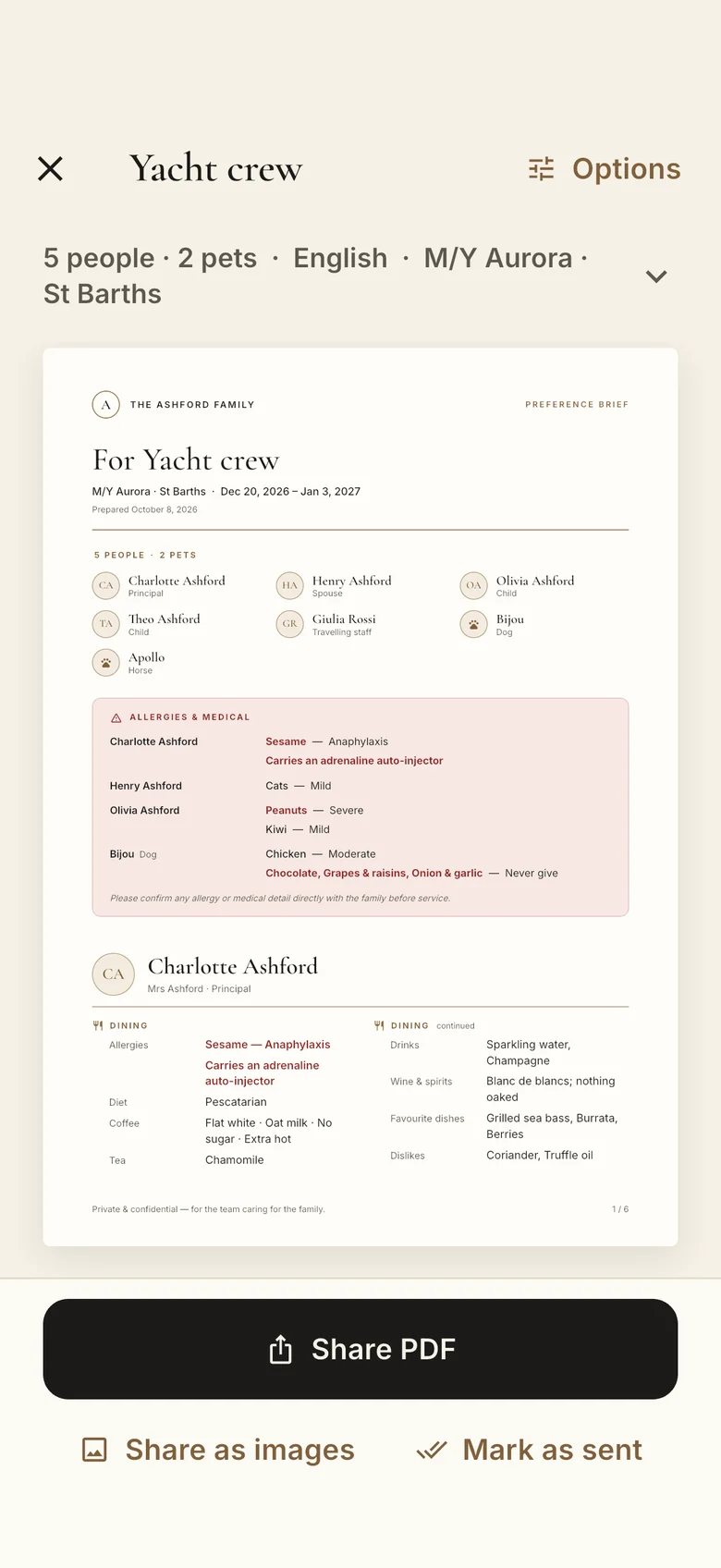 The brief ready to share: a PDF for the yacht crew of M/Y Aurora, St Barths.