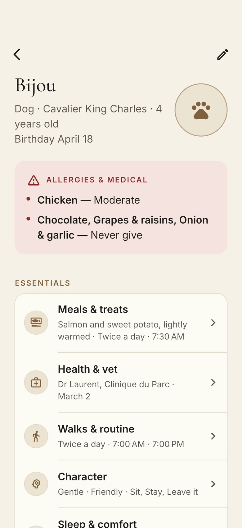 Bijou’s profile: her chicken allergy and the foods never to give her at the top, then her meals, health, walks and comforts.