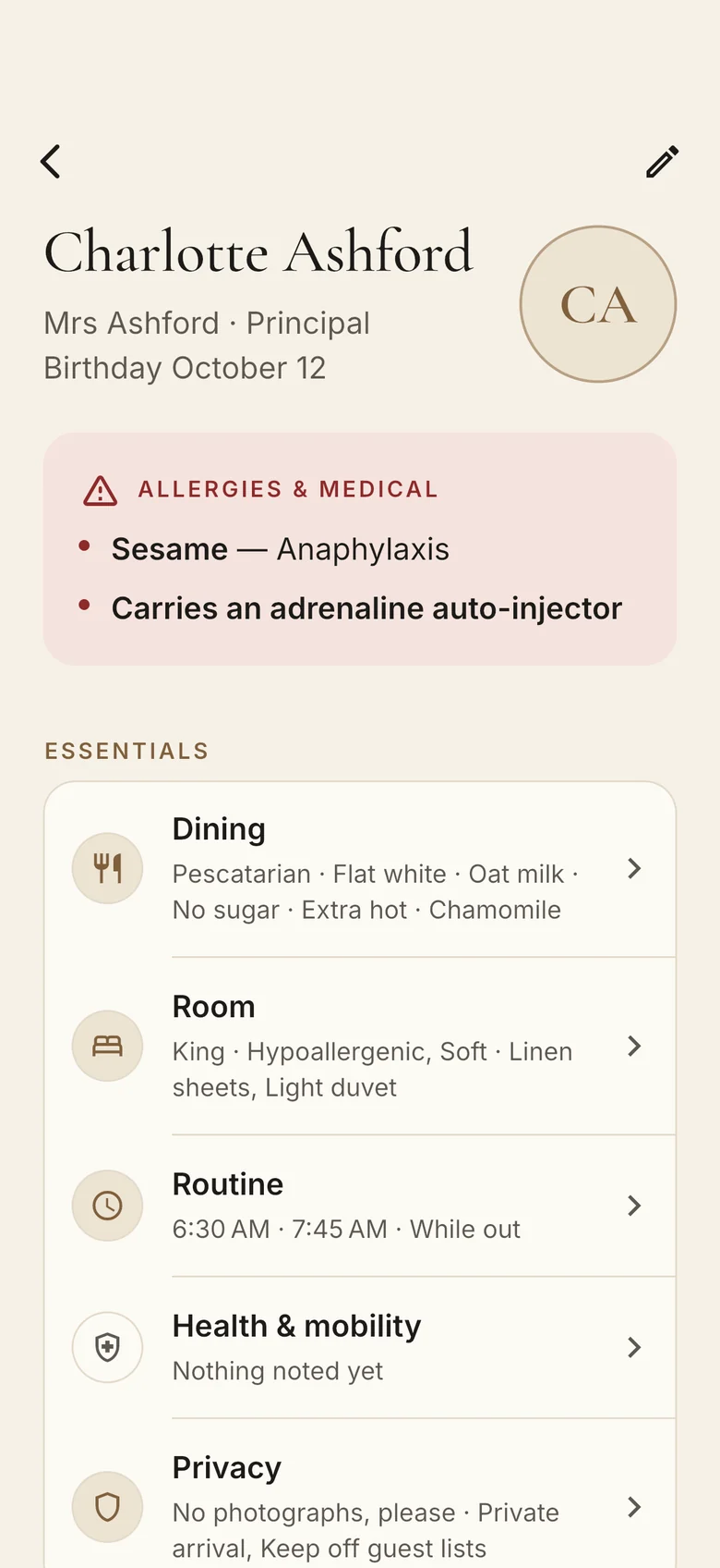 Charlotte Ashford’s profile: her sesame allergy and adrenaline auto-injector at the top, then her dining, room and routine.