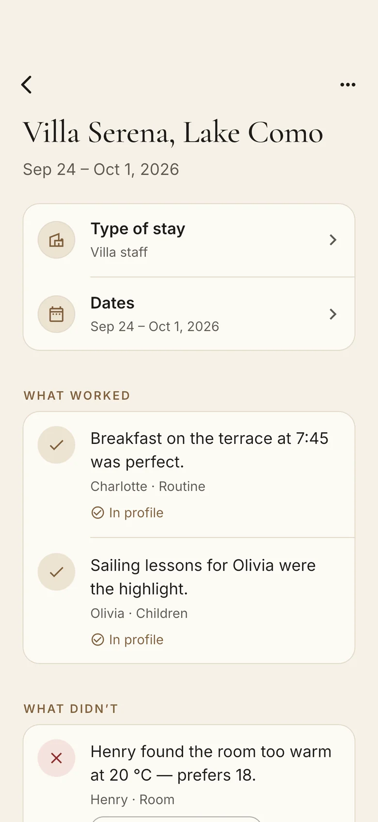 Notes after a stay at Villa Serena, Lake Como: breakfast on the terrace was perfect; the room was too warm.