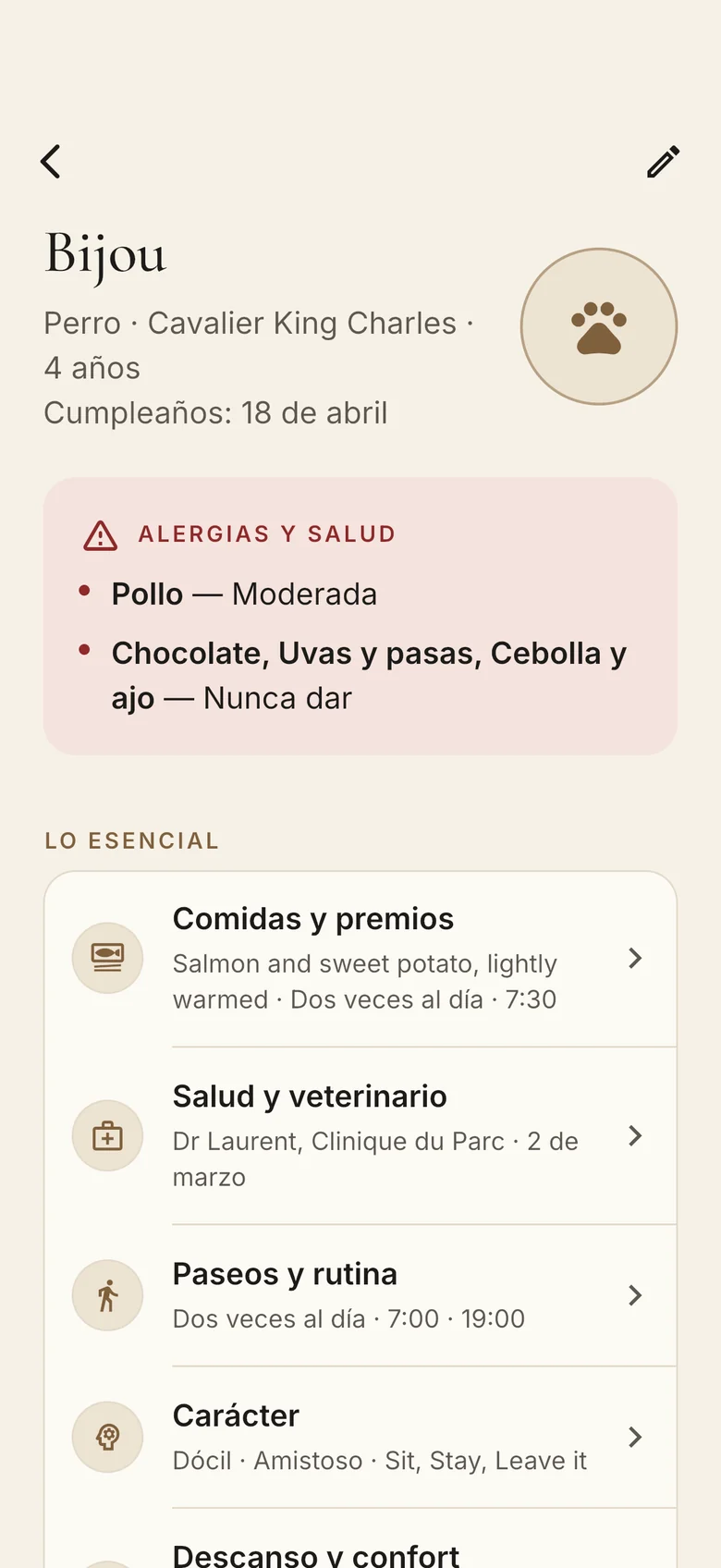El perfil de Bijou: arriba su alergia al pollo y lo que nunca se le debe dar, luego sus comidas, su salud, sus paseos y su descanso.