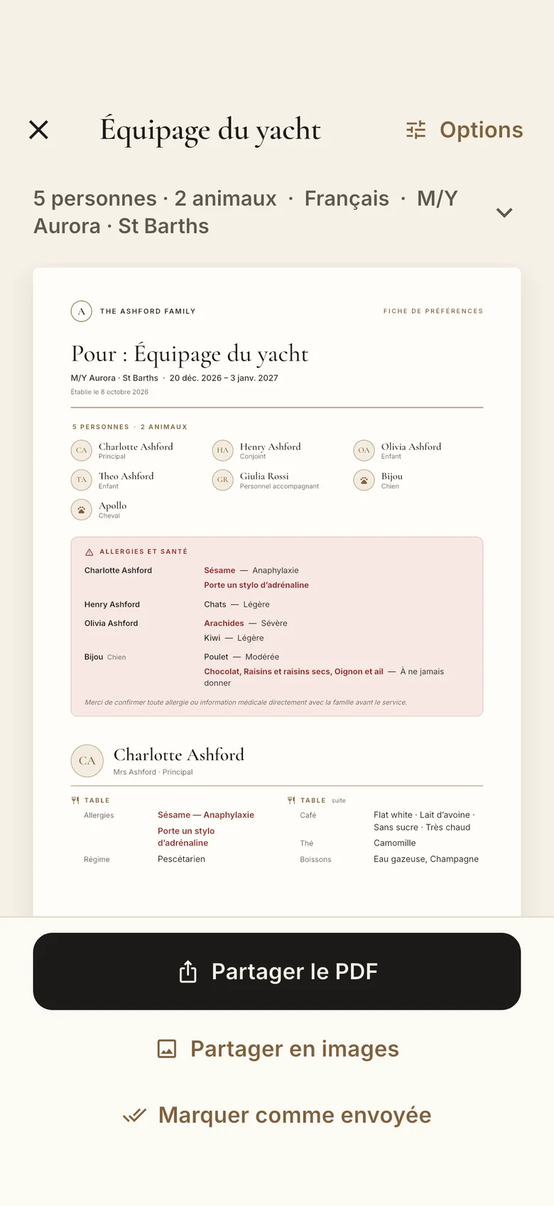 La fiche prête à partager : un PDF pour l’équipage du M/Y Aurora, à Saint-Barthélemy.