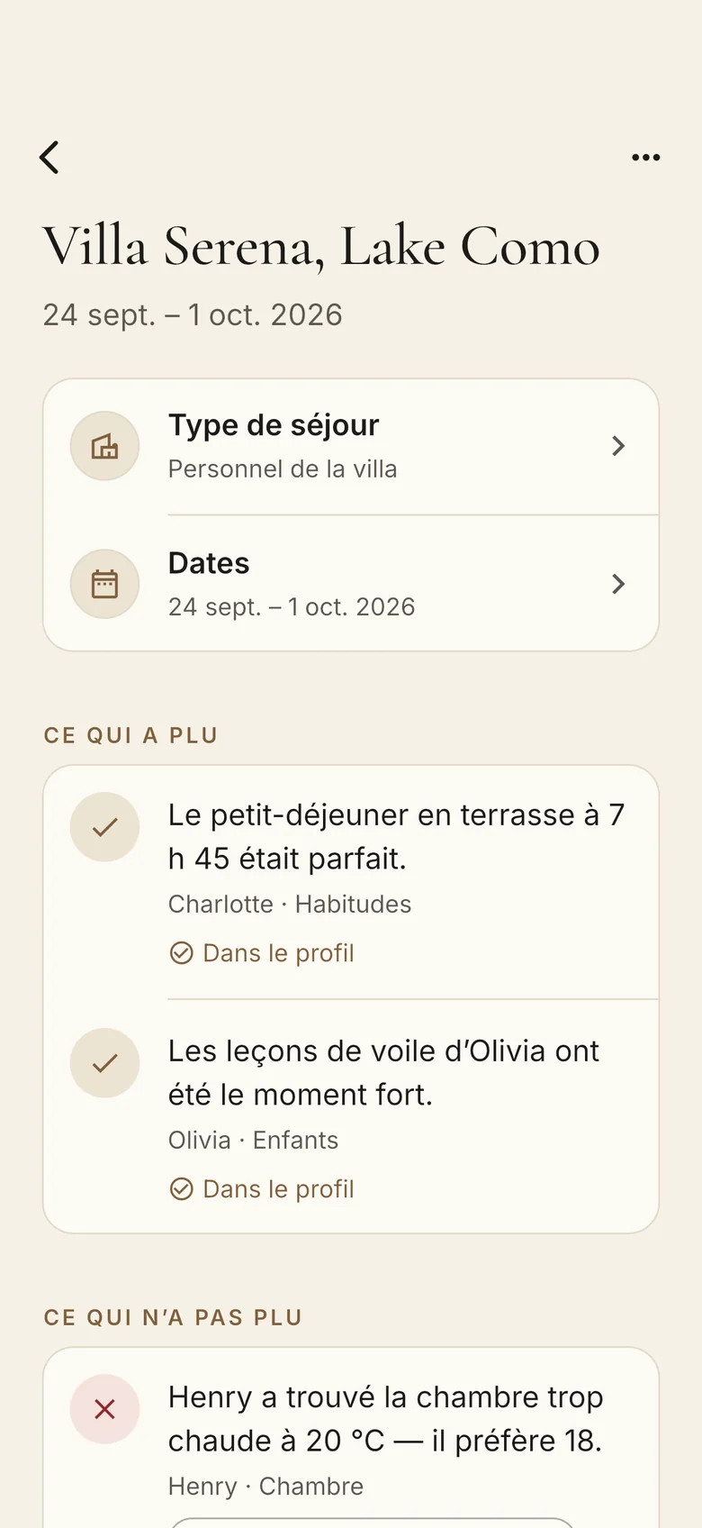Notes après un séjour à la Villa Serena, lac de Côme : le petit-déjeuner en terrasse était parfait ; la chambre était trop chaude.